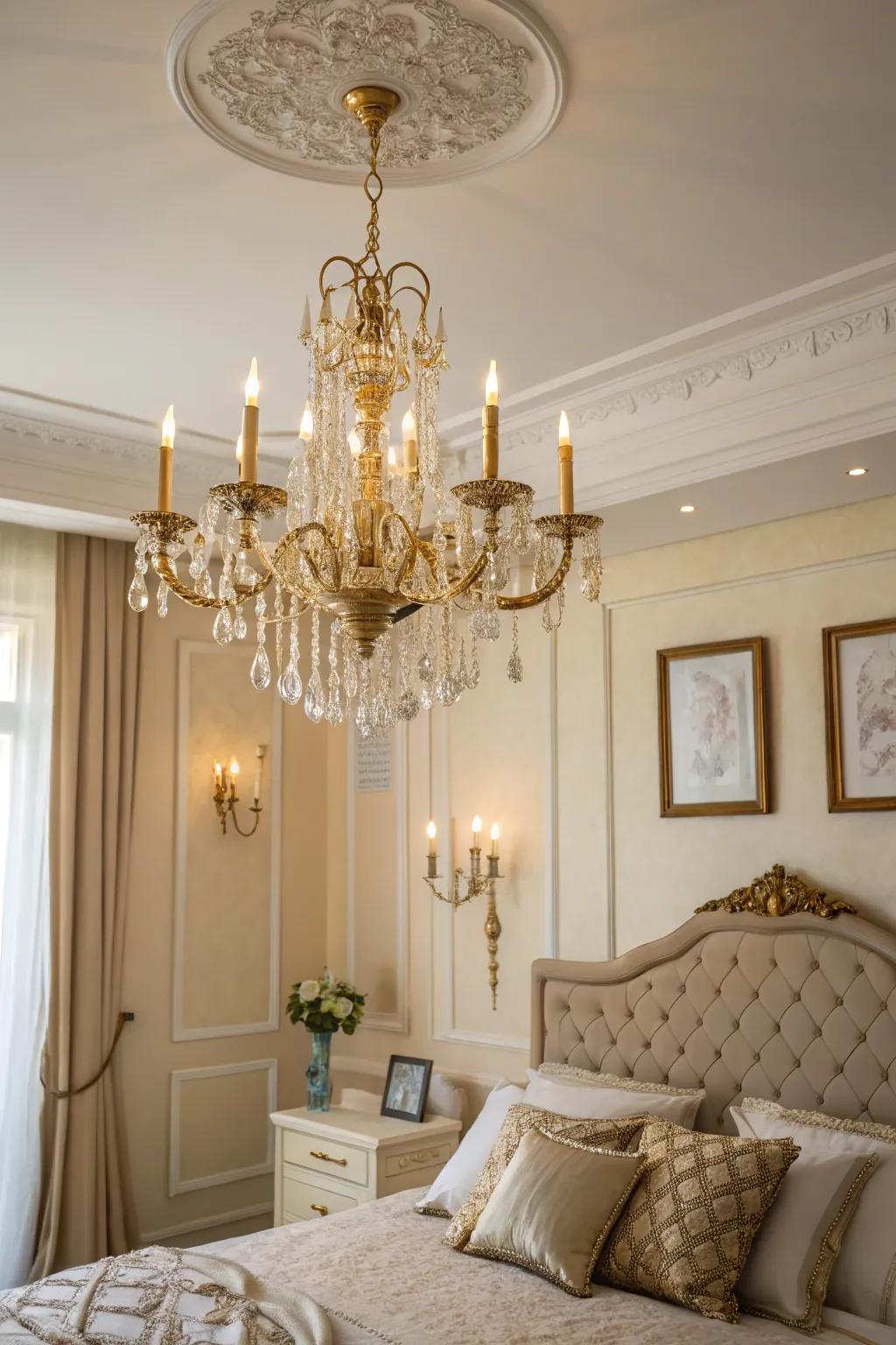 A standout pendant amplifies the room's grandeur and allure.