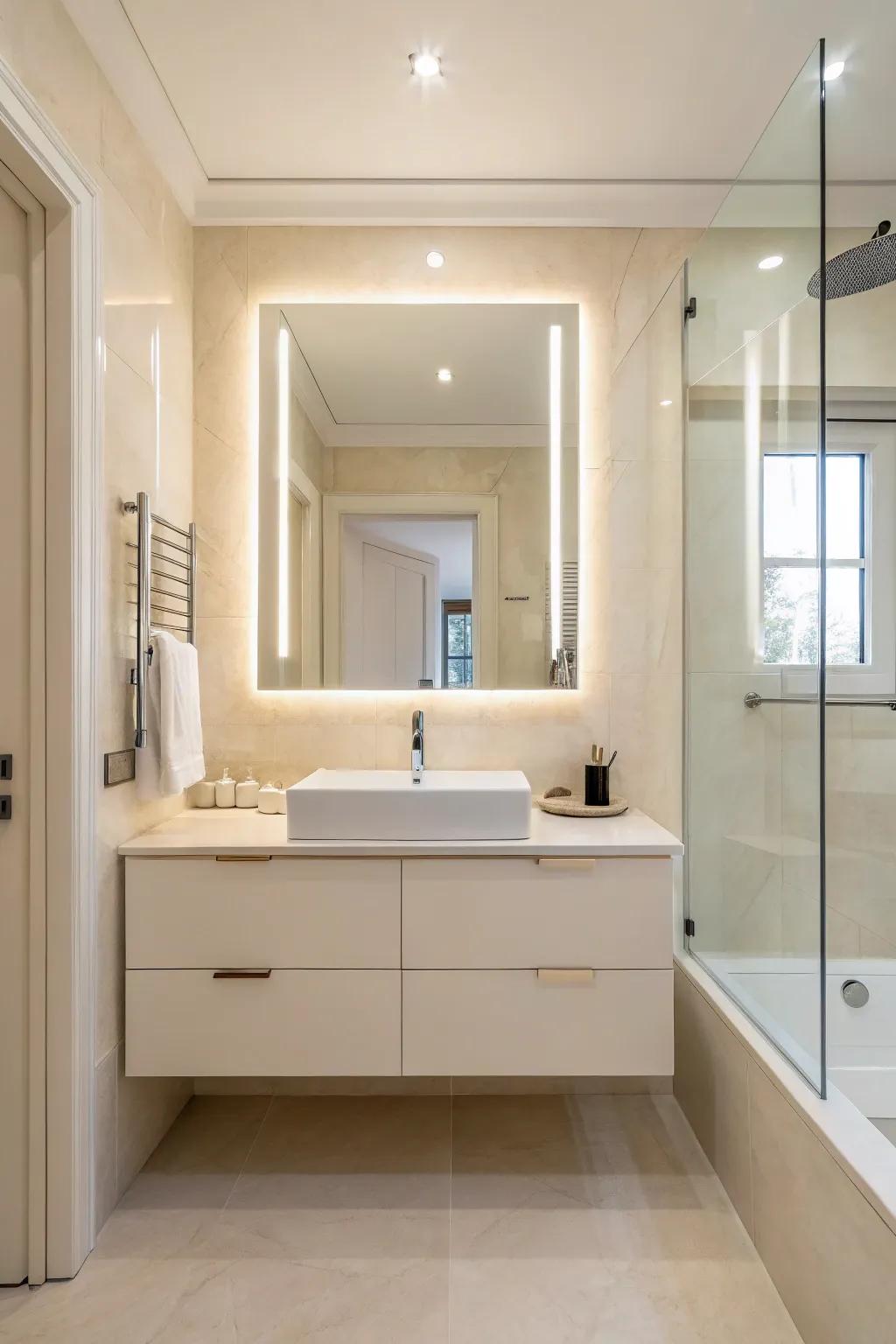Sharp, modern elements boost the style of this creamy bathroom.
