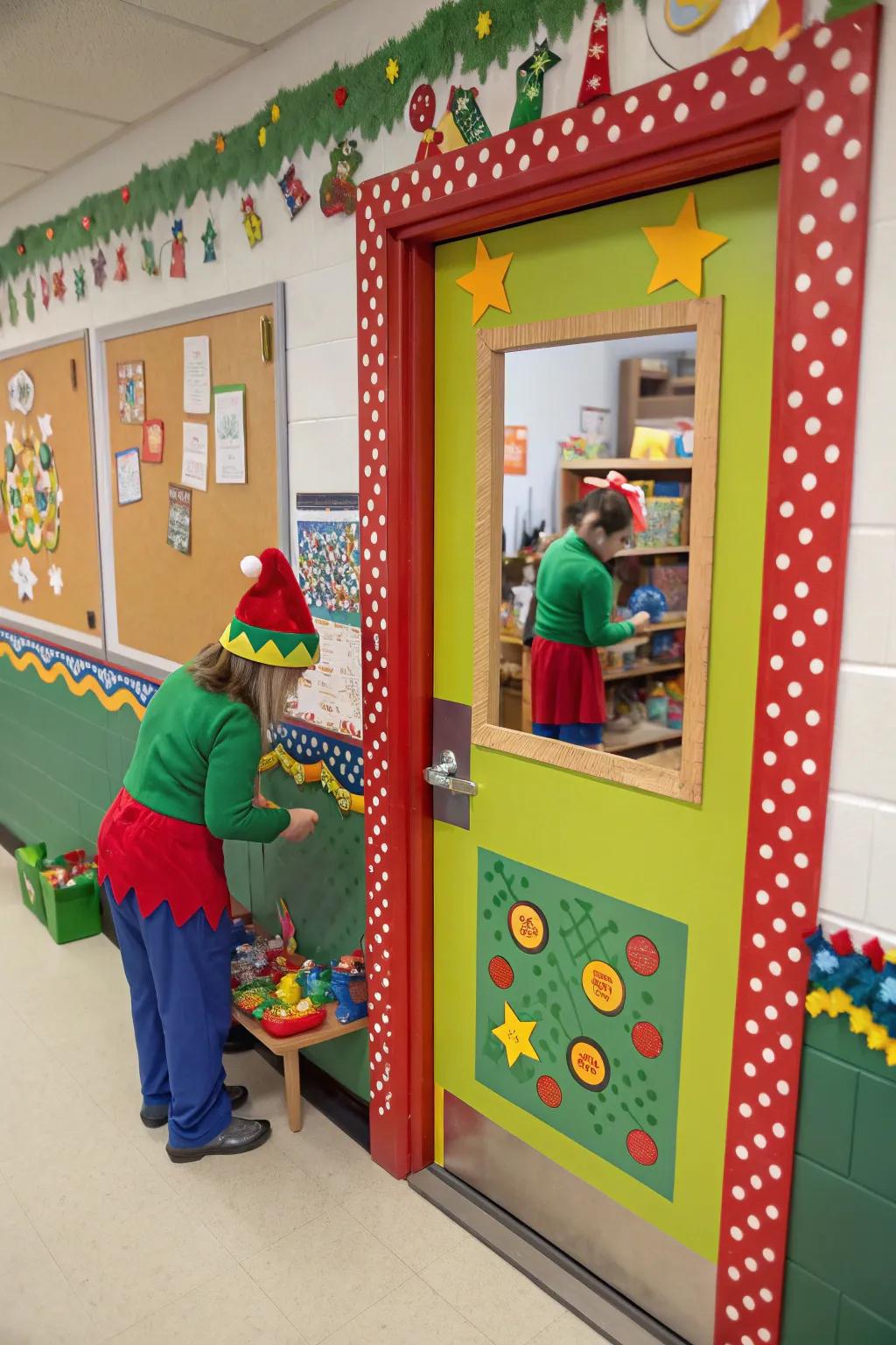 A classroom doorway portraying Kris Kringle's creative space, brimming with sprites and playthings.