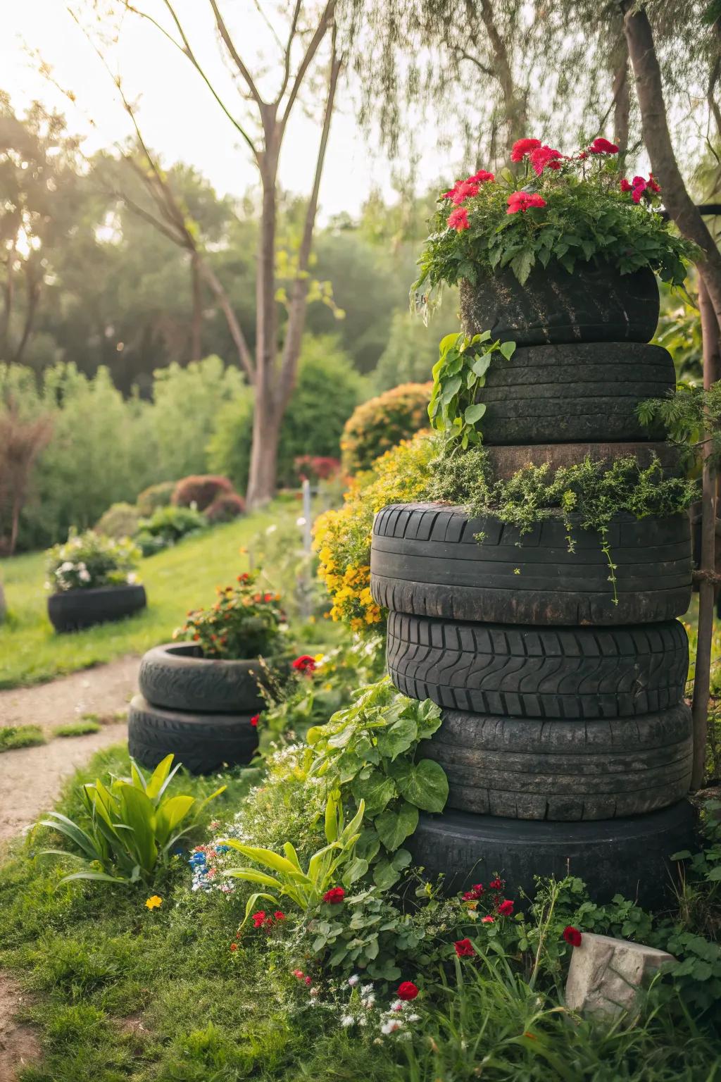 Tiered tire arrangement showcasing cascading greenery.