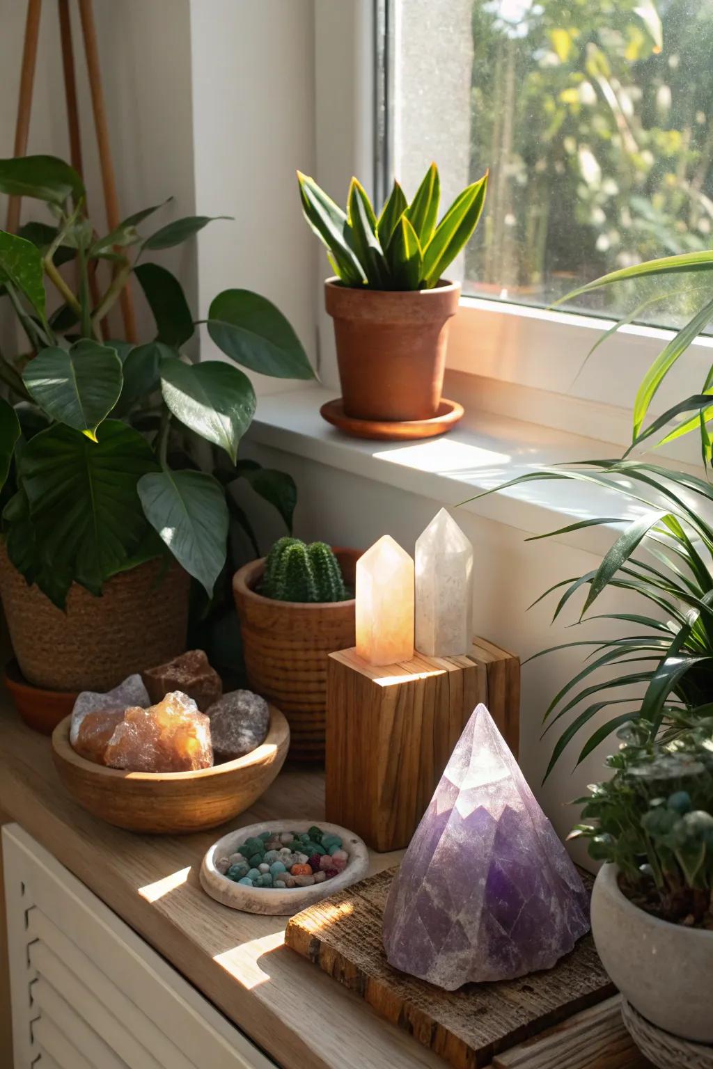 The synergy of natural elements and crystals crafts an invigorating and stabilizing atmosphere.