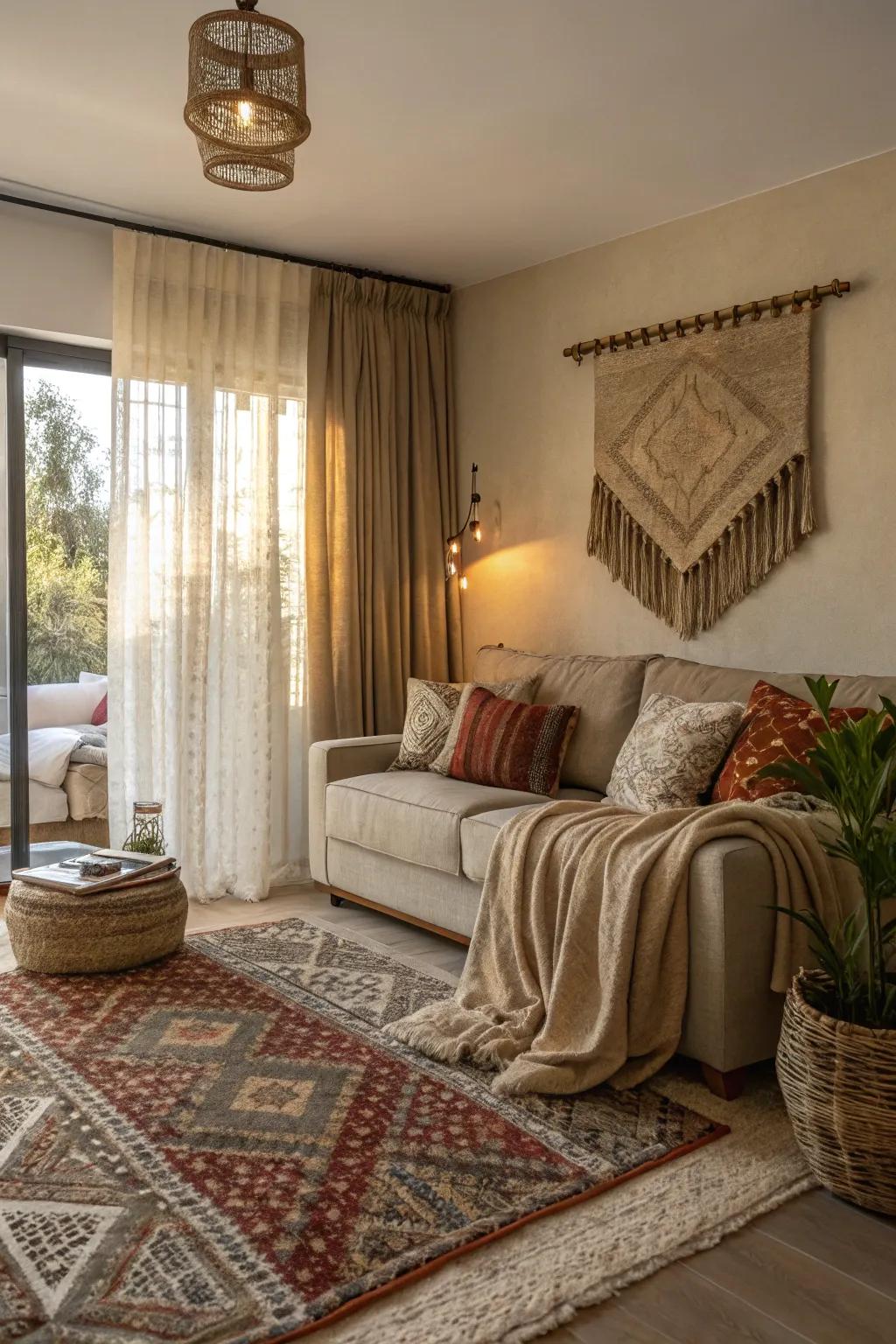 Living room showcasing layered textures that add depth.