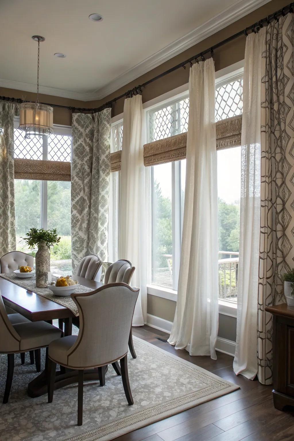 Layered drapes infuse dimension and practicality into spaces featuring numerous windows.