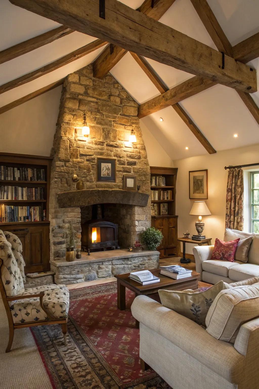 A country-style stone fireplace brings charm and coziness to any space.