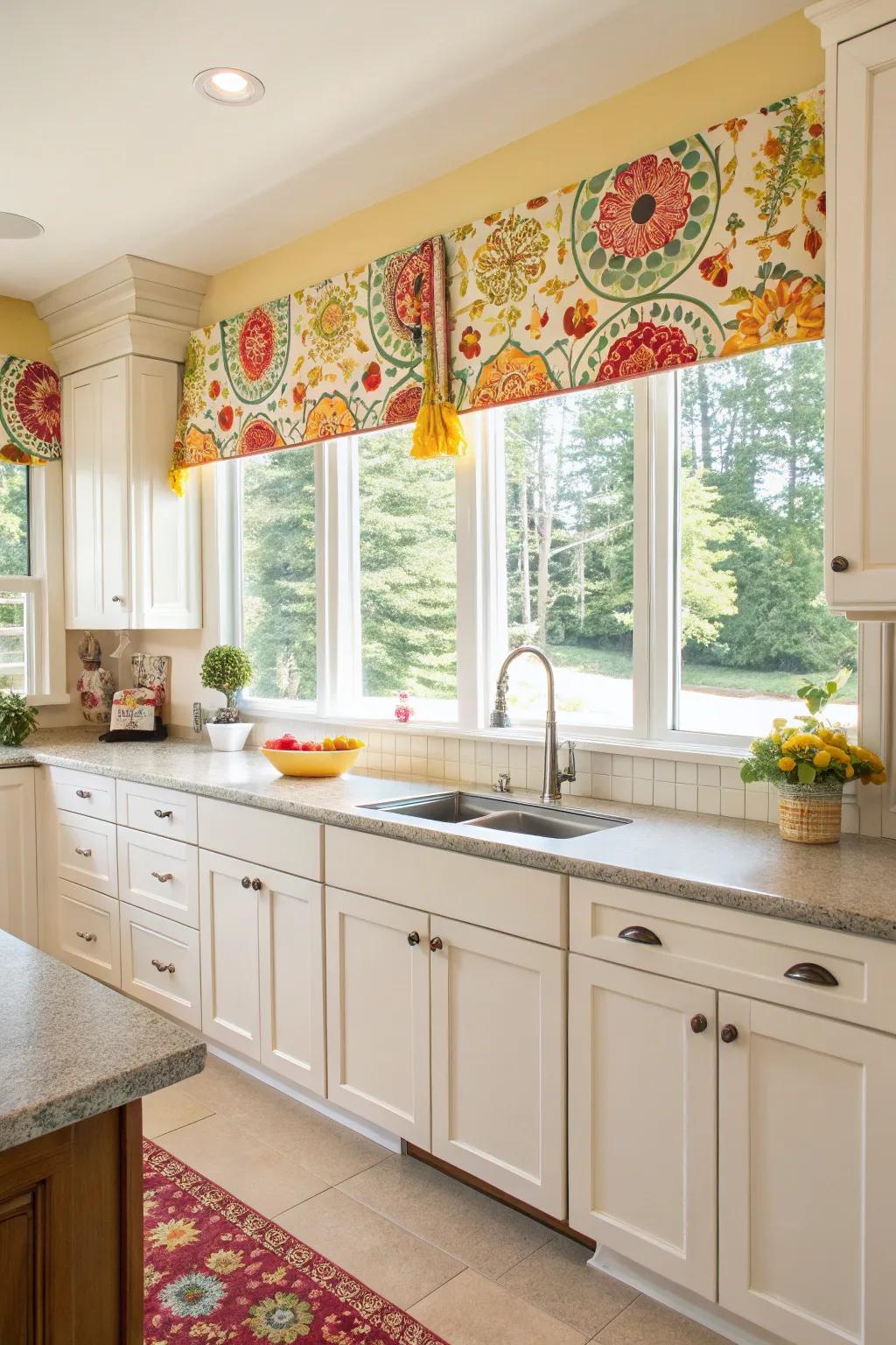Brighten your kitchen with cheerful tie and tab top valances.