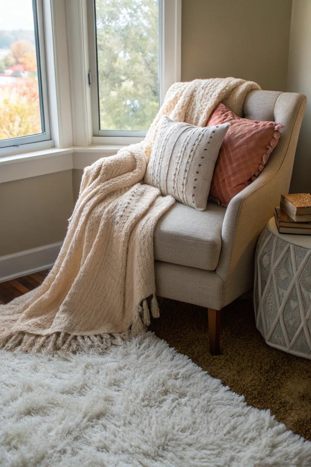 A cozy nook with inviting textures.