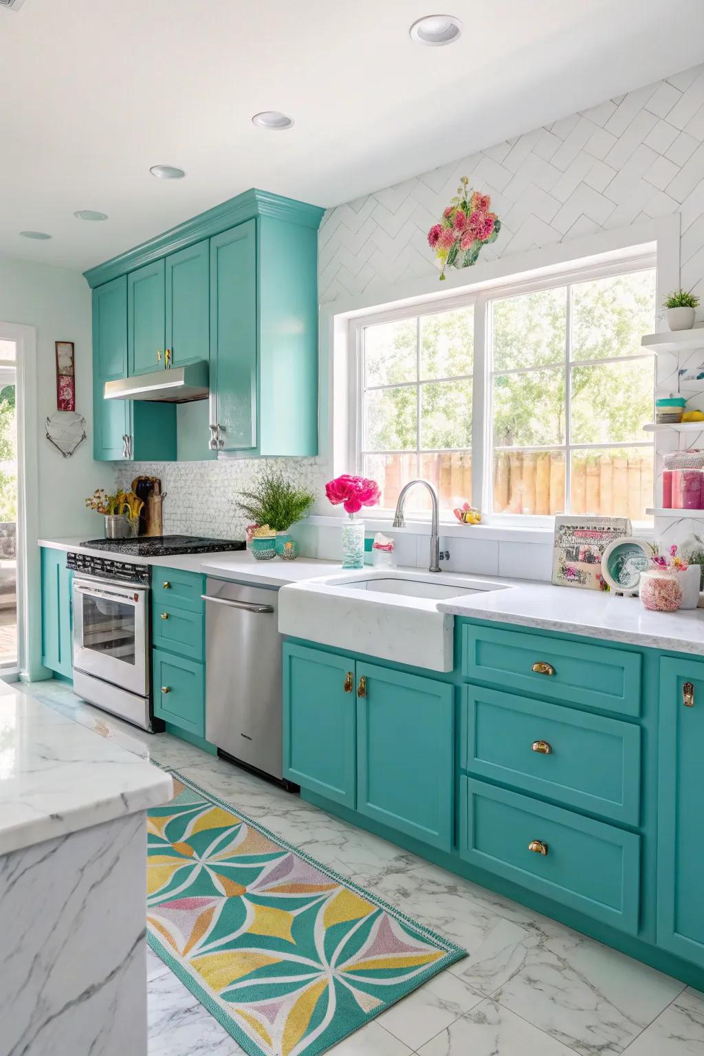 Bold cabinet colors inject life and energy into the kitchen.