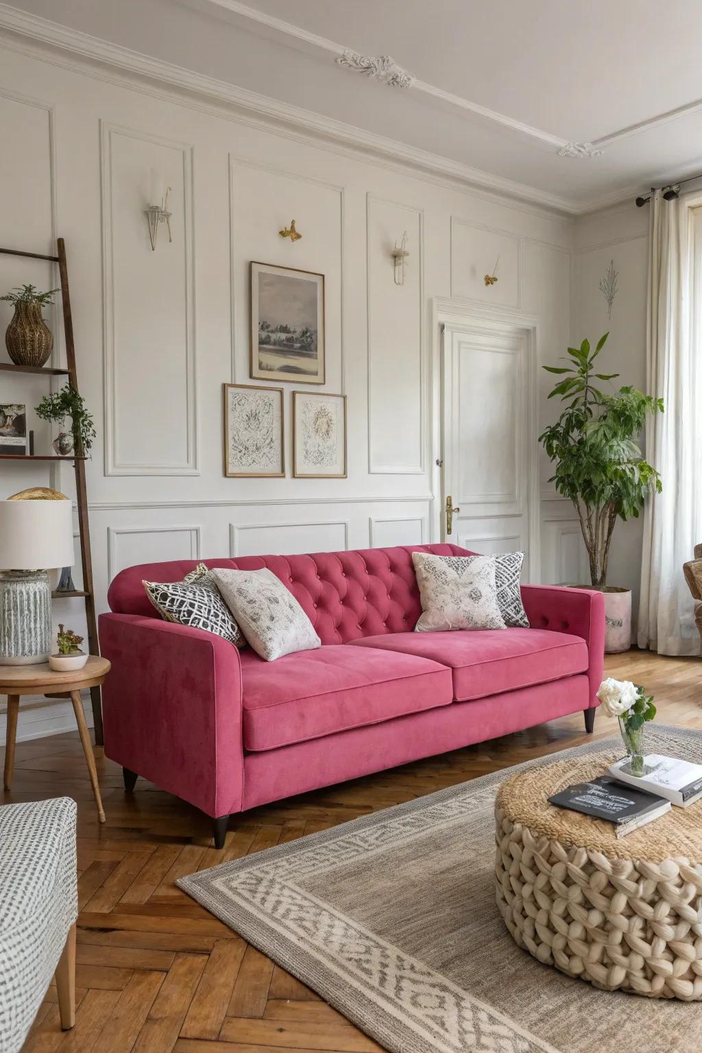 A striking rose-colored sofa becomes the focal point of this stylish living room.