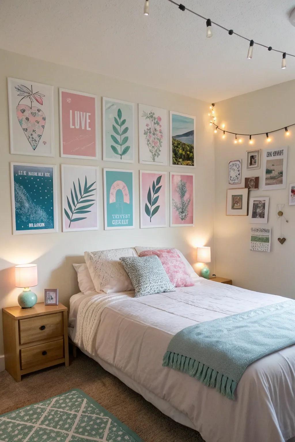 Pastel-toned posters imparting serenity to a bedroom.