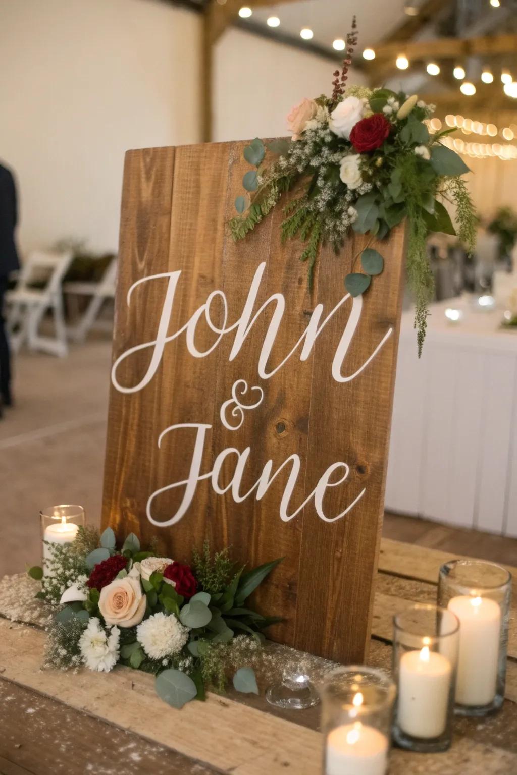 A bespoke marriage directional sign leading guests stylishly.