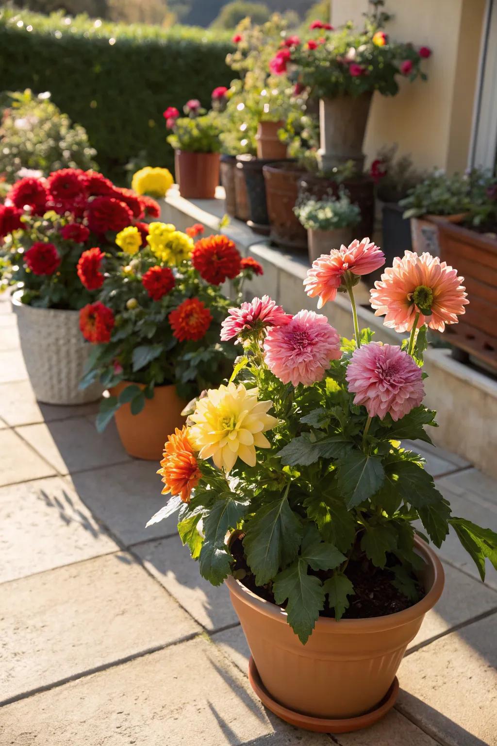 Asters prospering in fashionable pots on a patio.