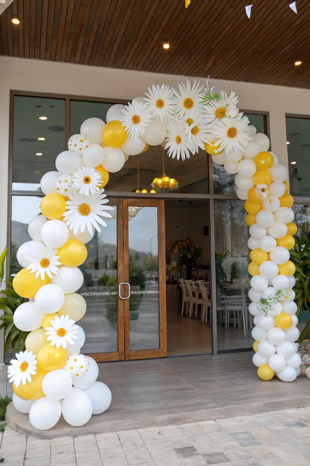 Greet guests with a cheerful daisy balloon arch.