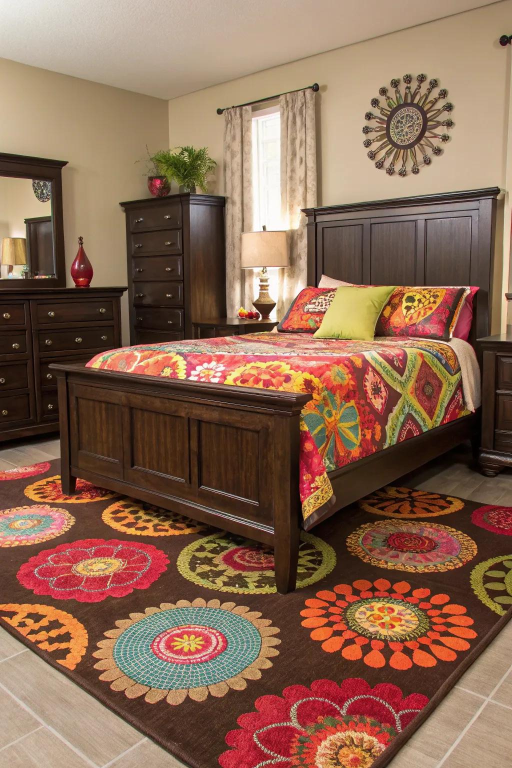 Patterns infuse vitality and movement into areas featuring deep brown pieces.