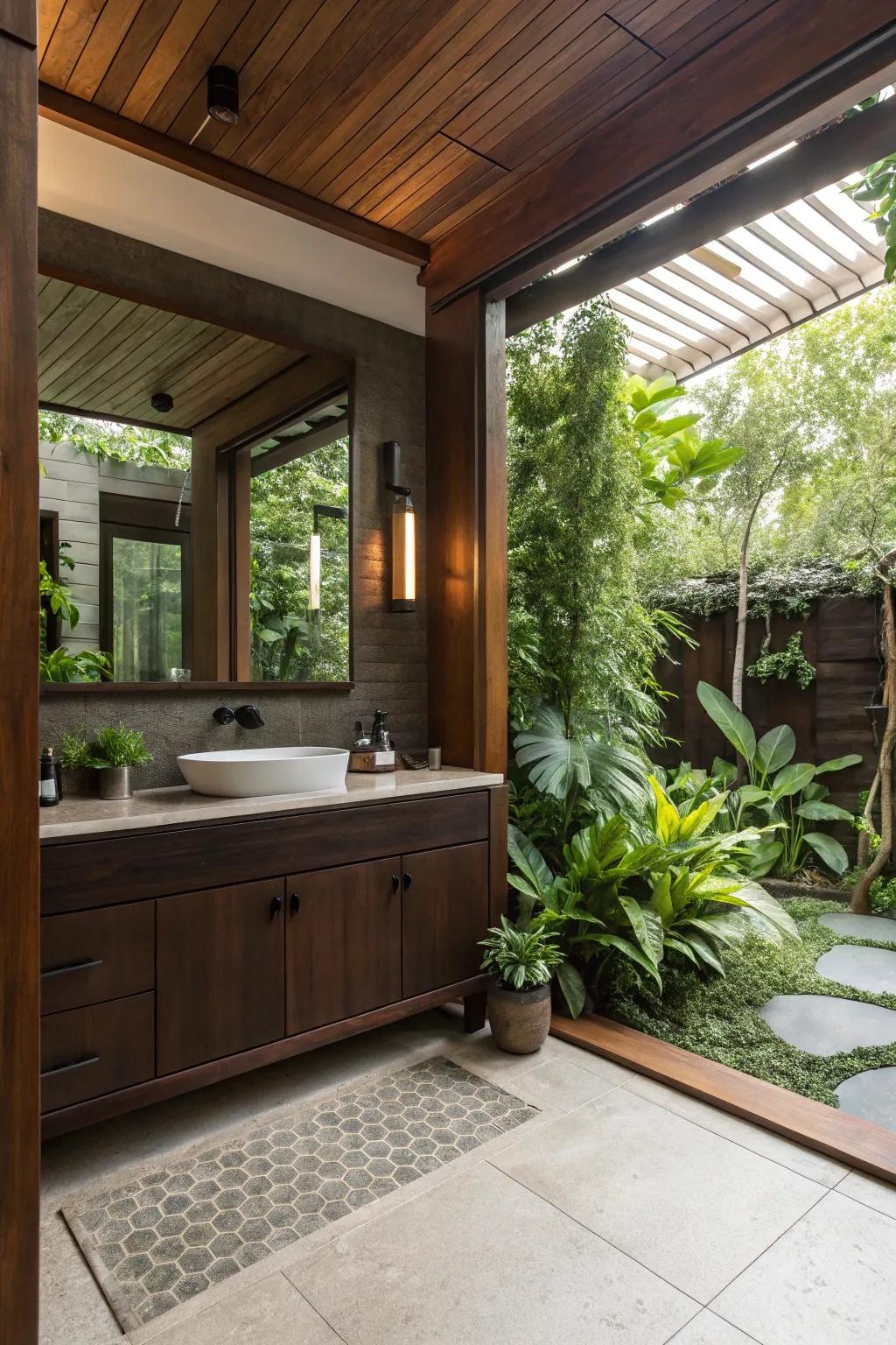 Wooden accents bring warmth to a bathroom with a dark brown vanity.