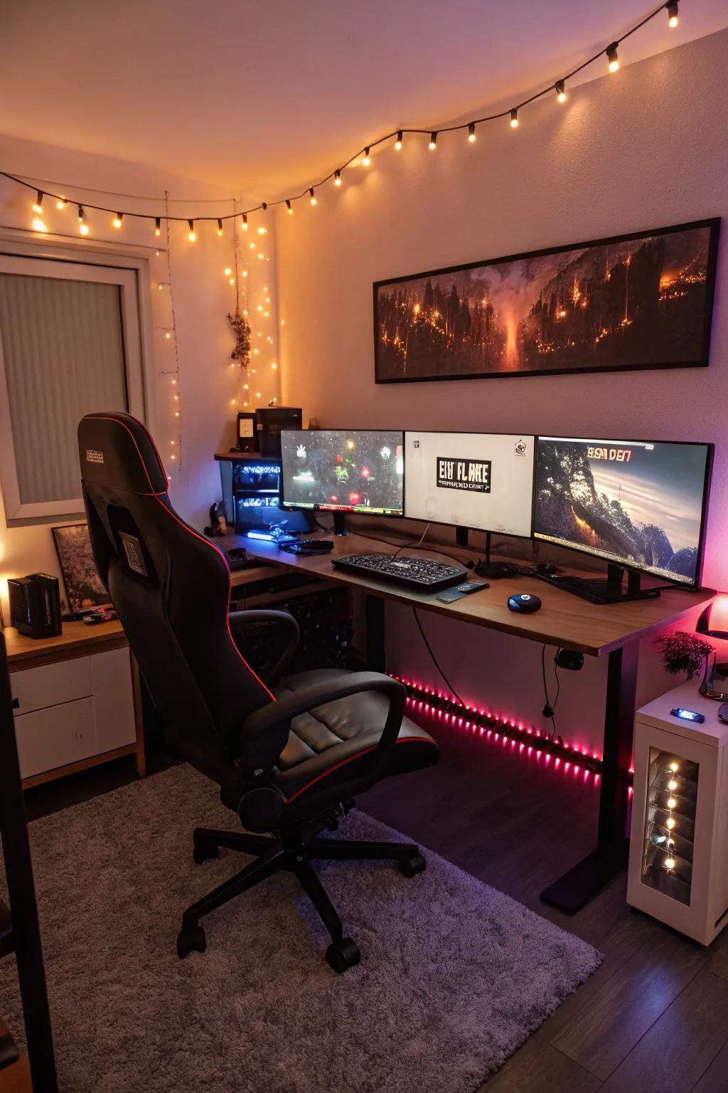 Design an intensely engaging experience with a triple monitor array within your gaming space.