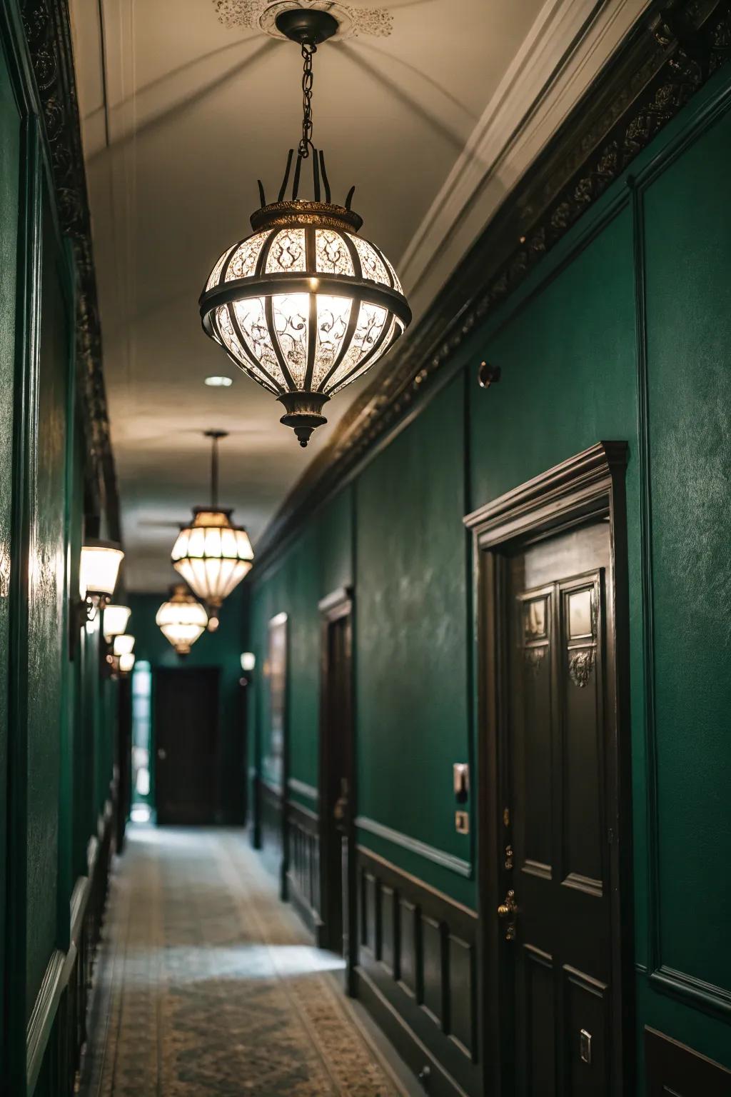 Hanging lights bring sophistication to a forest green hallway.
