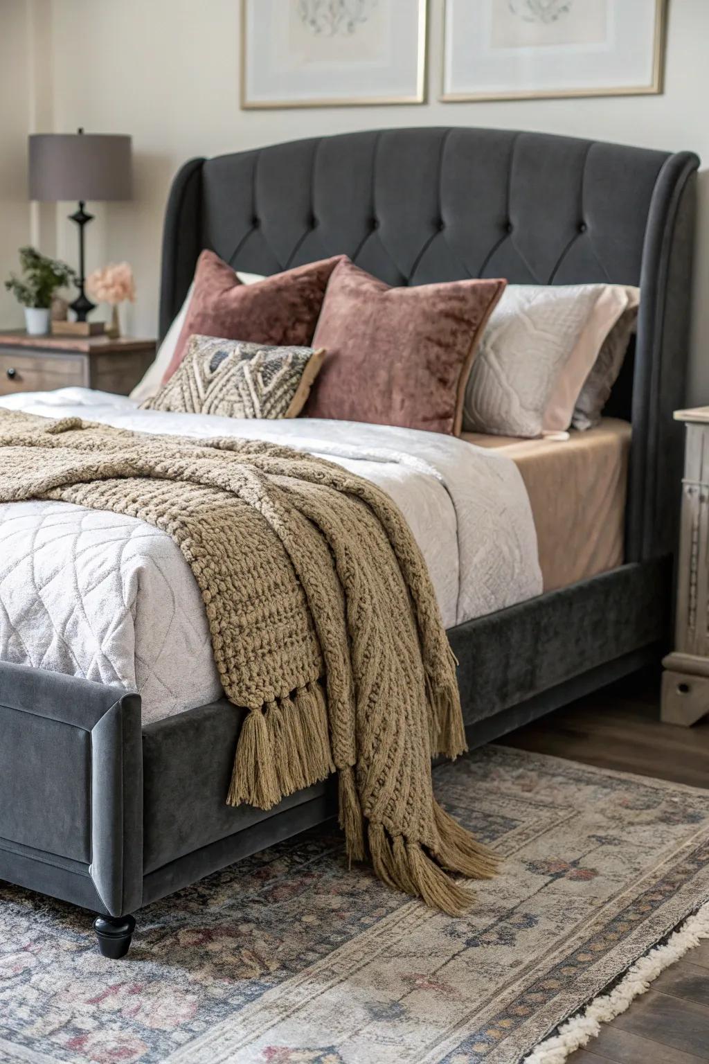 A texturally rich bedroom displays a dark charcoal sleeping platform and upscale textiles.