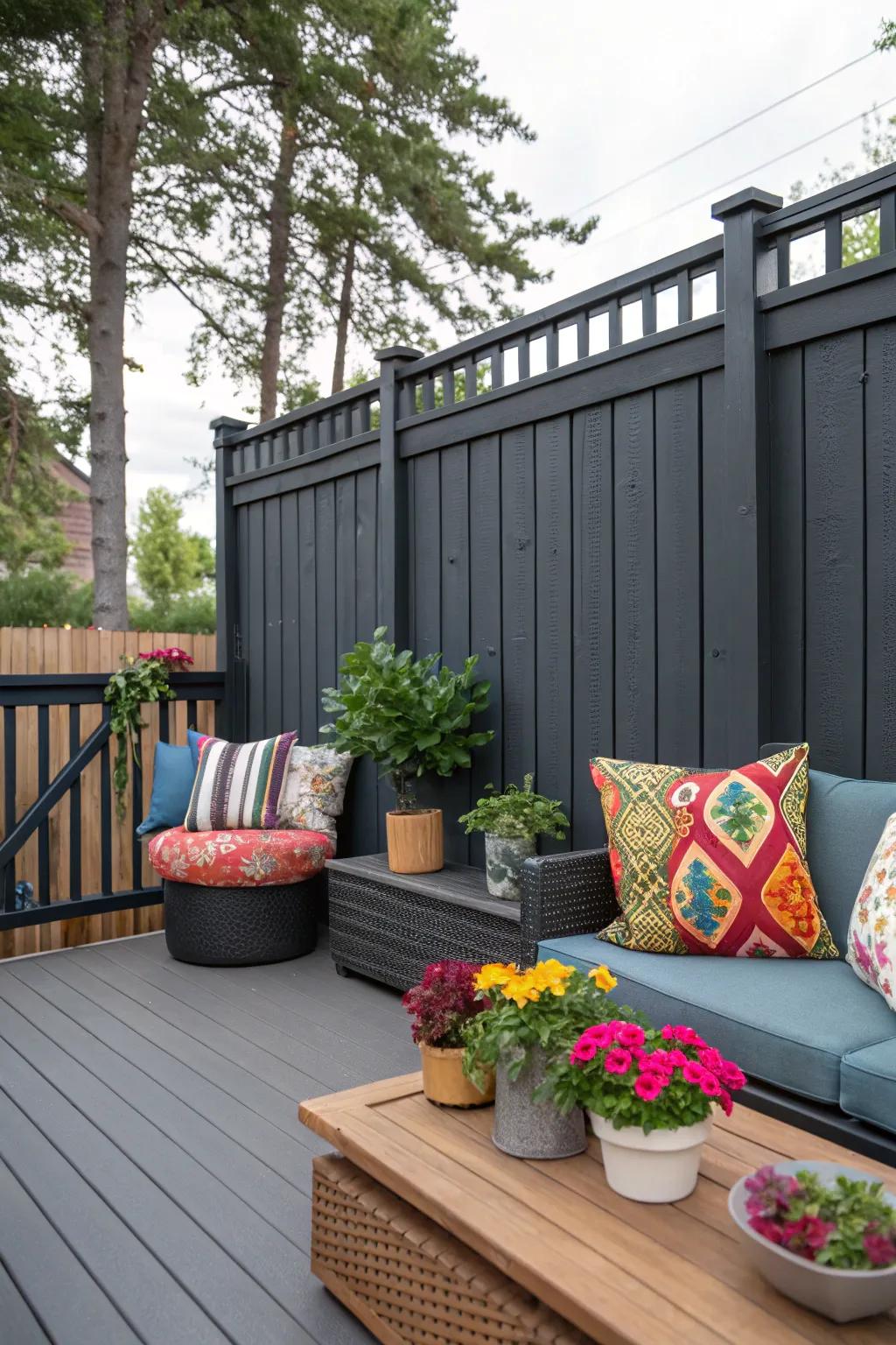 A cozy patio featuring a charcoal-toned privacy screen, highlighted by colorful cushions and pots.