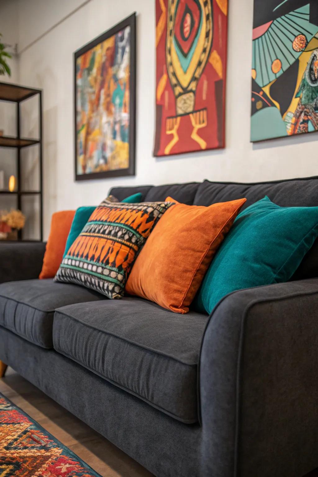 Bursts of color inject vitality and individuality into a charcoal couch arrangement.