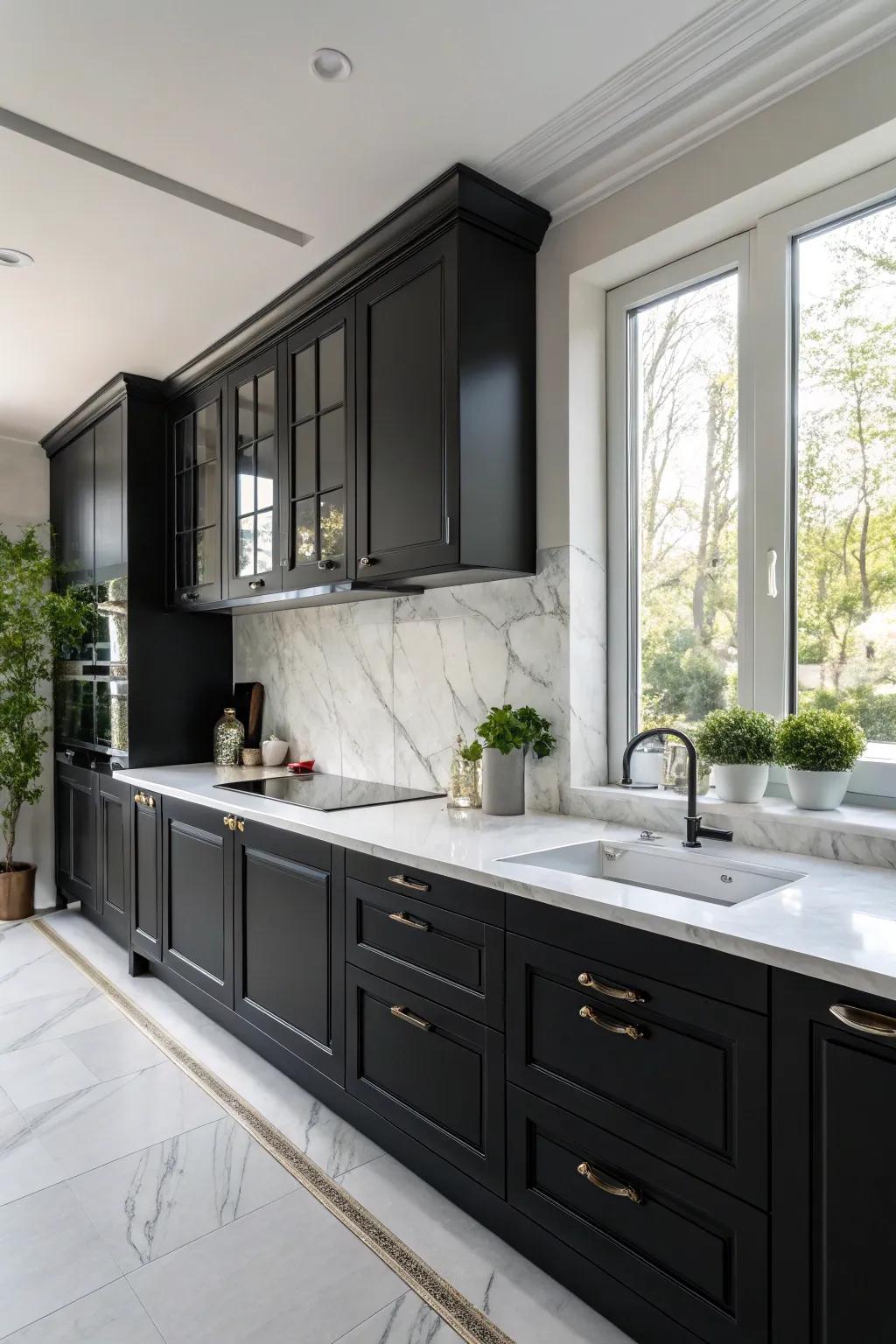 The striking juxtaposition between dark cabinets and white marble countertops enhances the kitchen's spaciousness.
