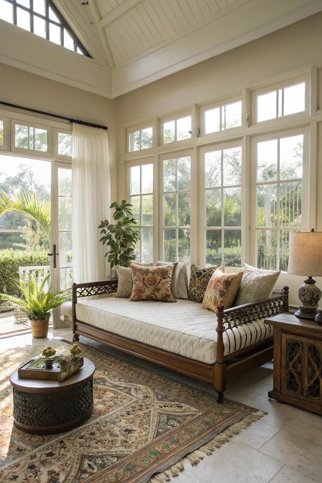 A daybed takes center stage, redefining the room's aesthetic.