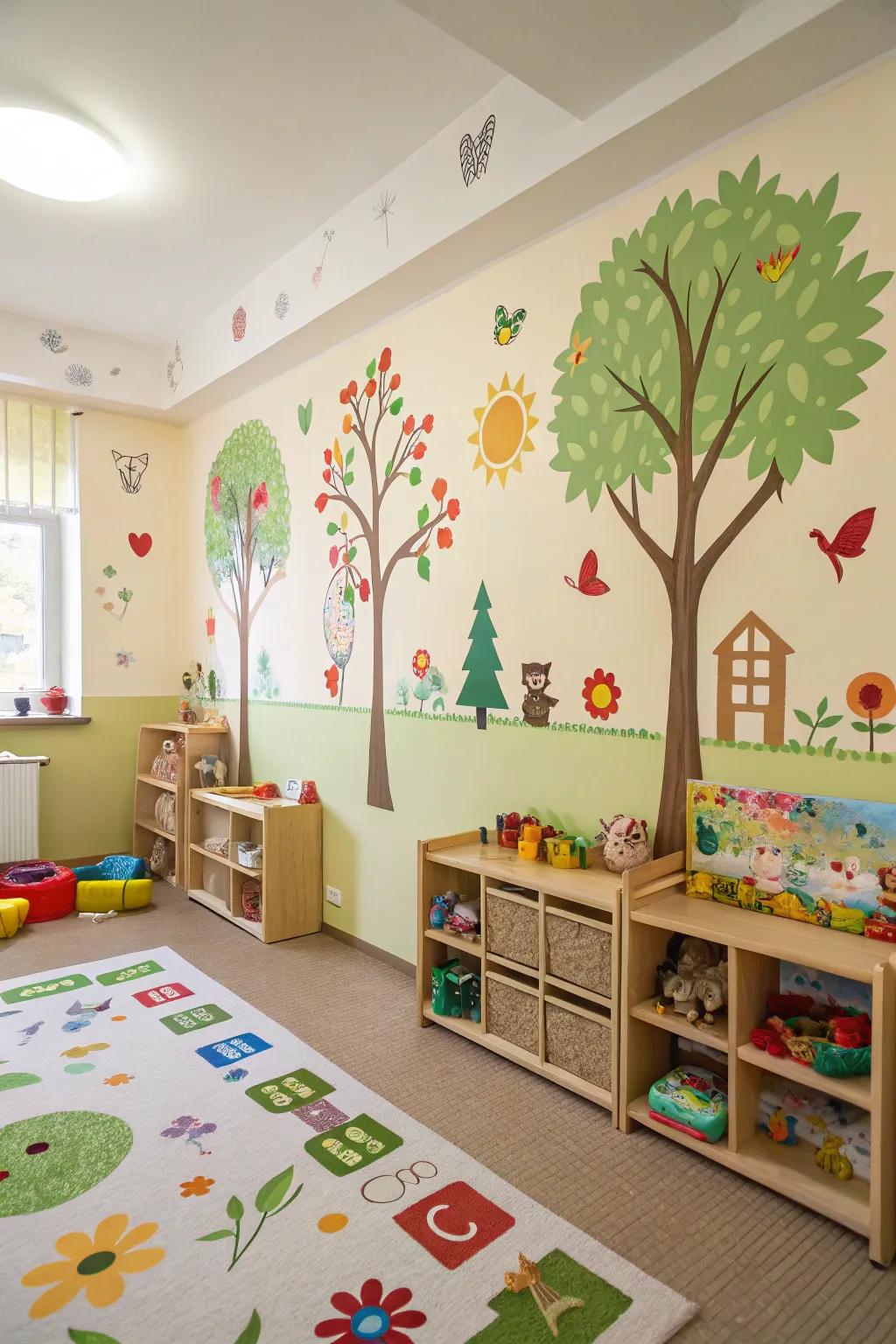 Nature-themed wall stickers and ornaments bring the outdoors inside.