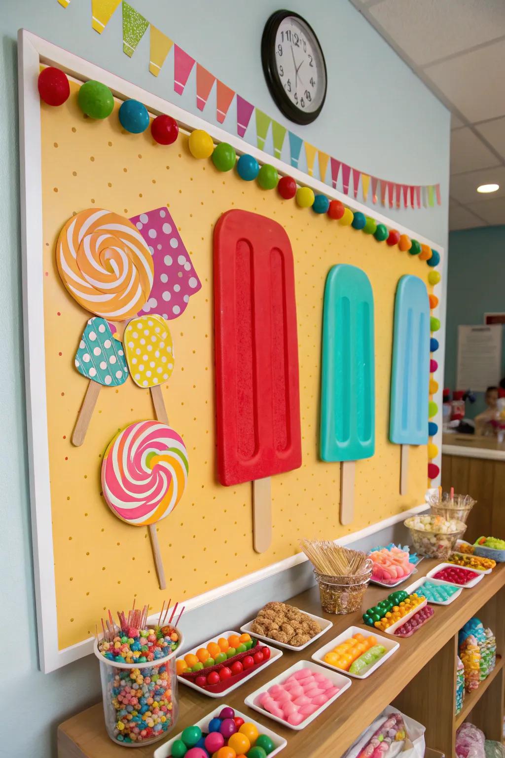 Sweet Summer Treats bulletin board enhanced with vivid embellishments.