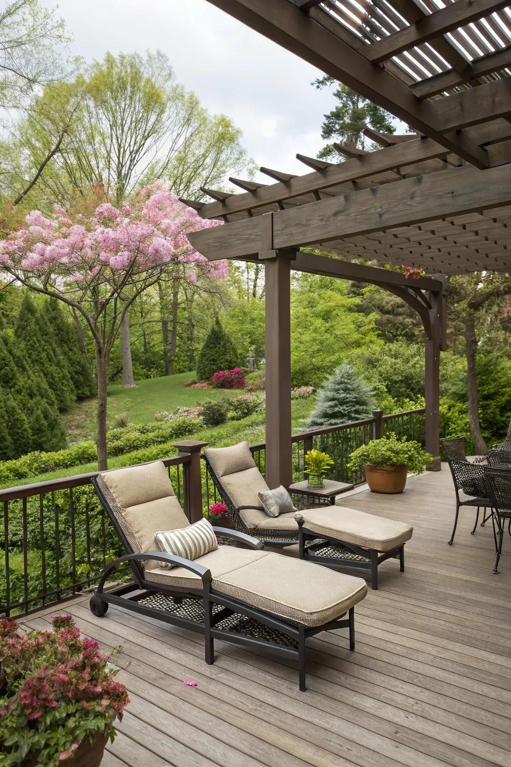 A tranquil lounge area under a pergola, ideal for relaxation.