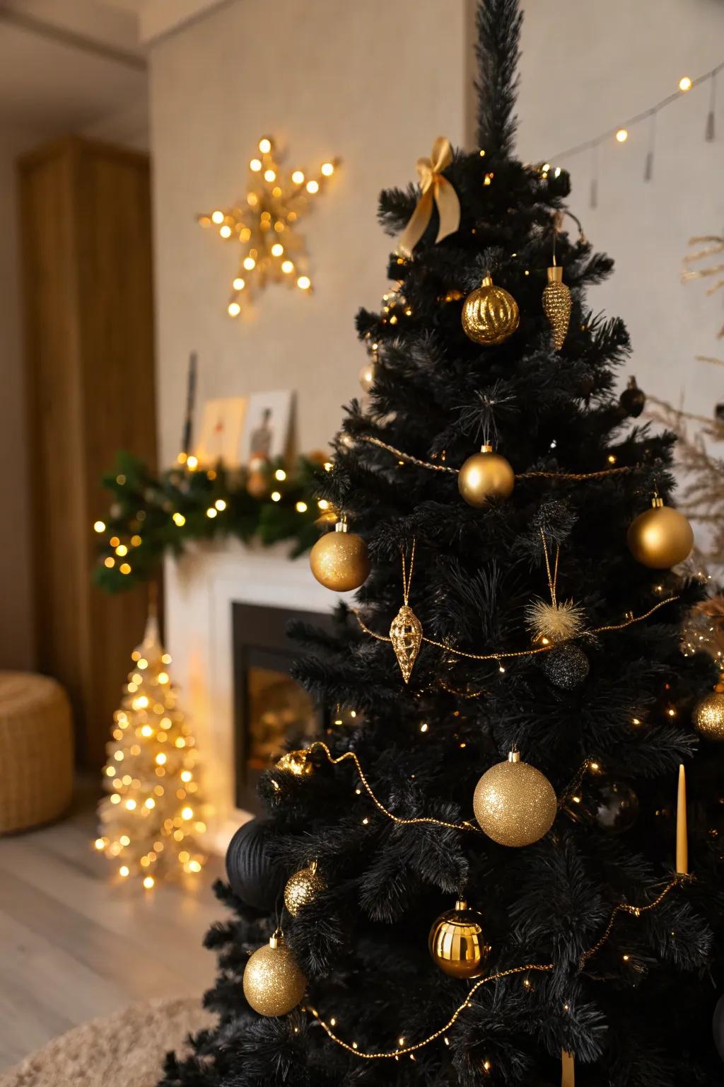 A charcoal tree adorned with gold ornaments for a luxurious ambiance.