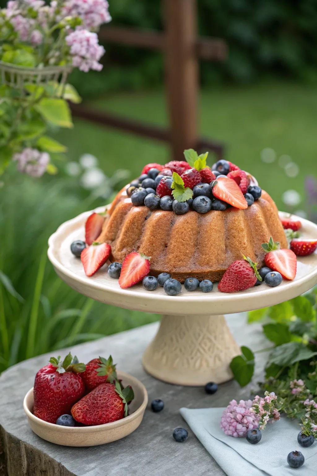 A ring cake lavishly adorned with farm-fresh ruby red berries and plump indigo berries.