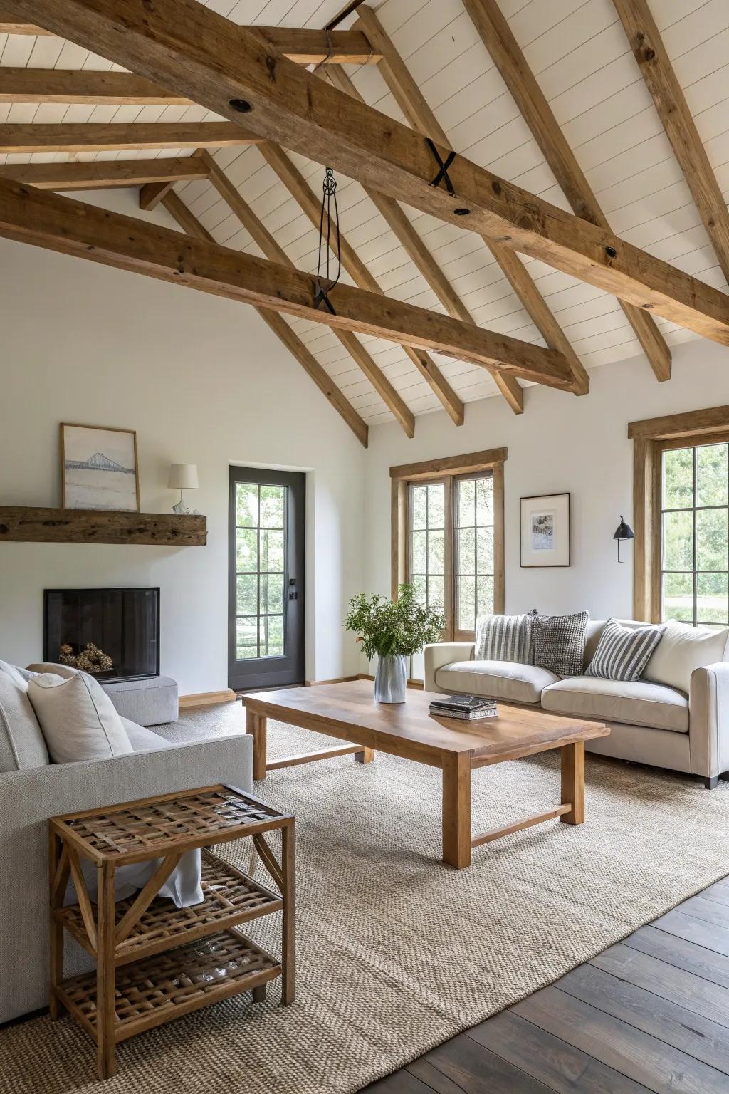 The modern farmhouse design is embodied through mixing time-honored beams with polished furnishings.