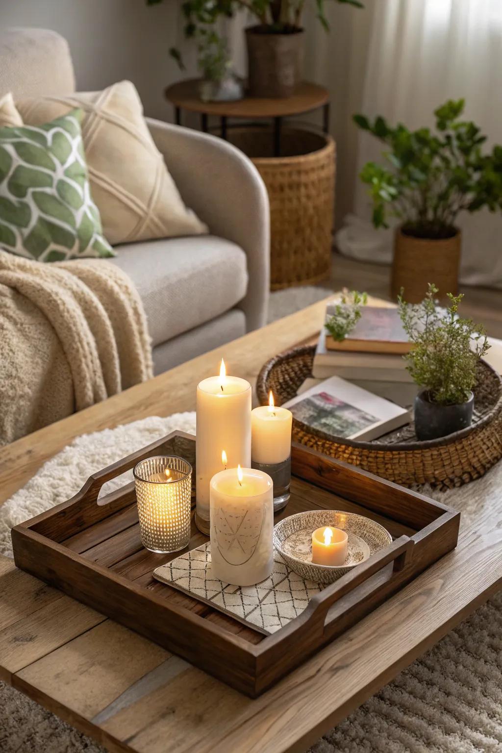 Illuminating sticks adding an embracing and inviting ambiance to a coffee table base.