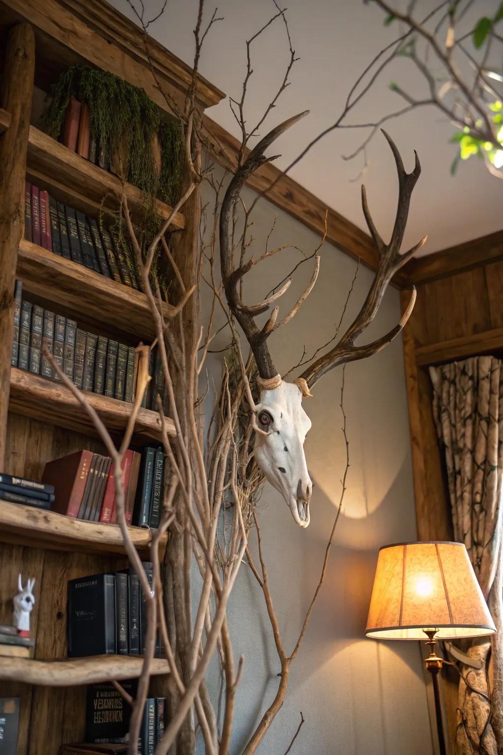 Organic branches cradle this deer skull, bestowing a hint of woodland charm.
