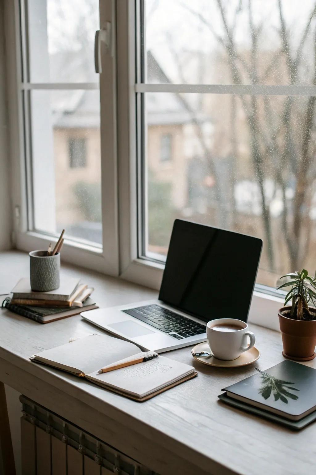 A minimalist desk arrangement keeps the workspace neat, promoting a distraction-free zone.