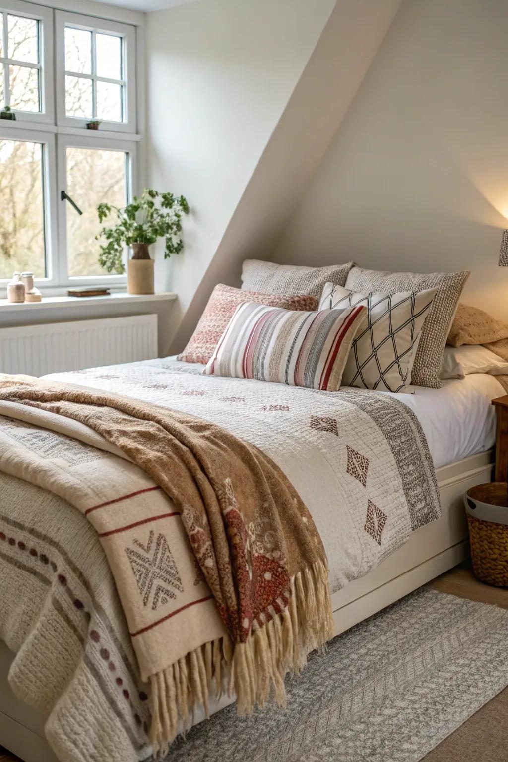 Coordinated textiles bring a sense of warmth and comfort to a diagonal bed.