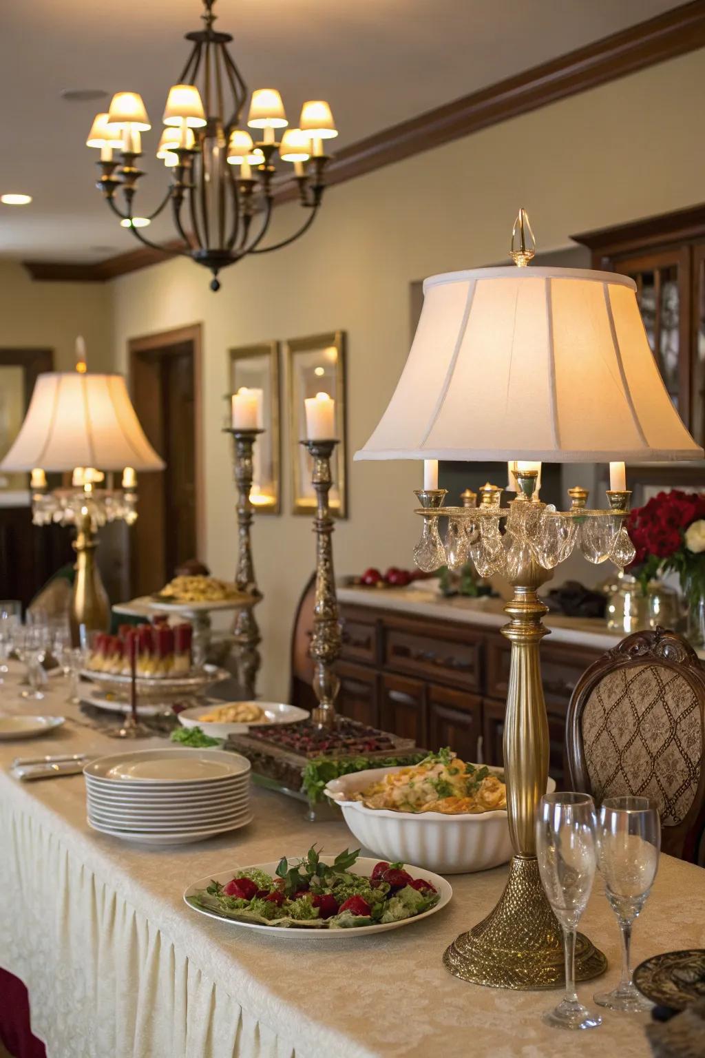 Chic table lamps bring a sense of warmth and elegance to this buffet decor.