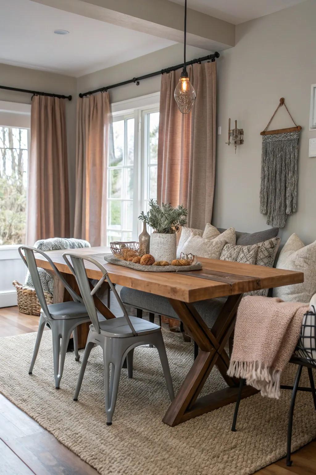 Combine textures to fashion a chic and layered dining space.