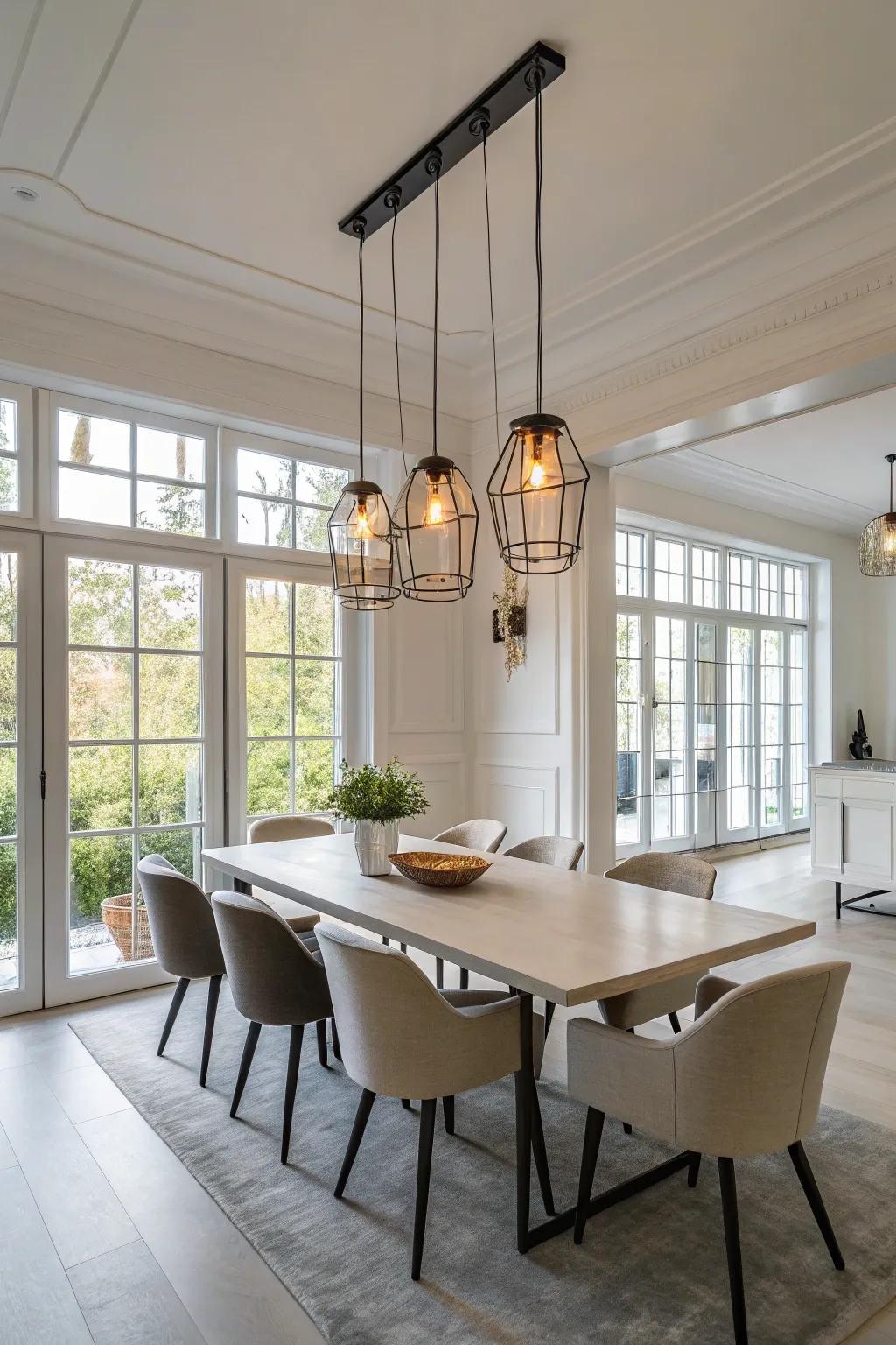 Pendant lights arranged linearly contribute a modern sharpness to this dining area.