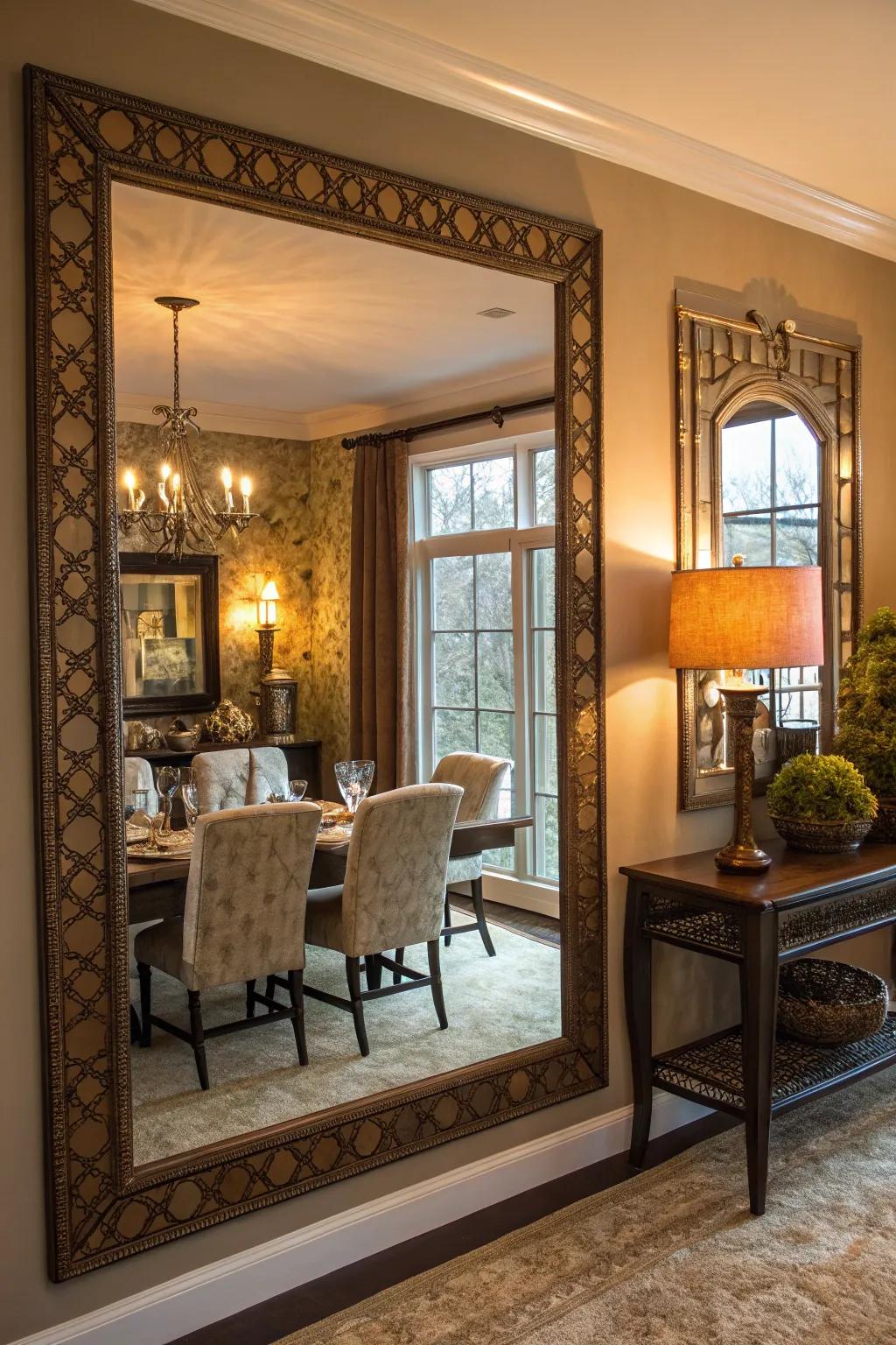 A decorative mirror enhances the brightness and expands the space of the dining room.
