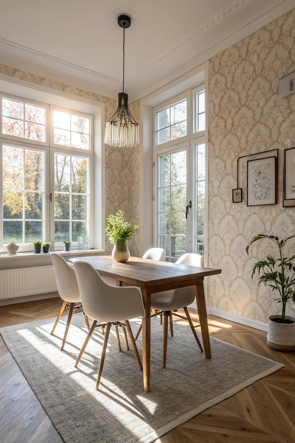 Neutral wallpaper amplifies the luminosity and airy vibe of this contemporary dining area.