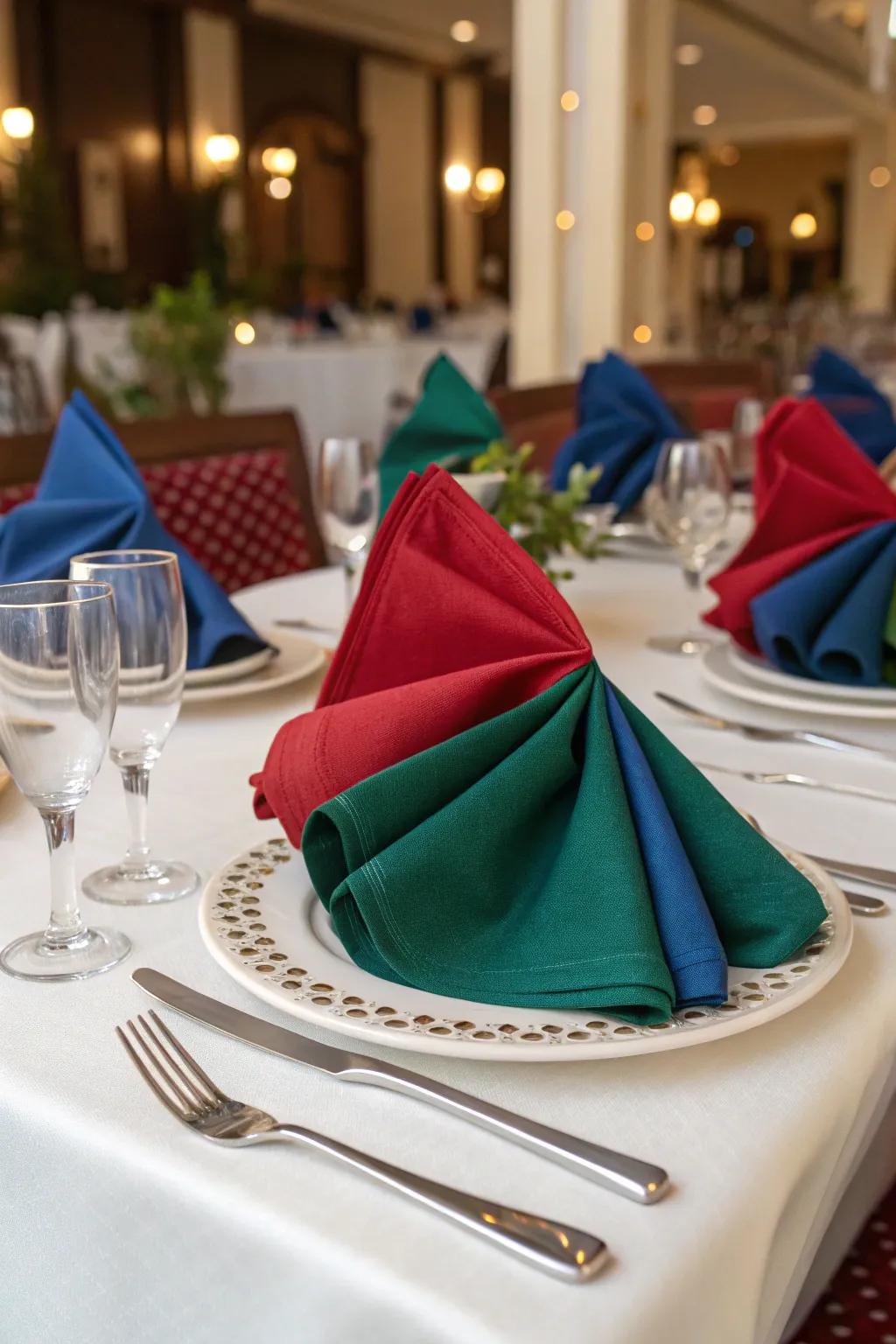 Vibrant napkins infuse a lively touch to an elegant table display.