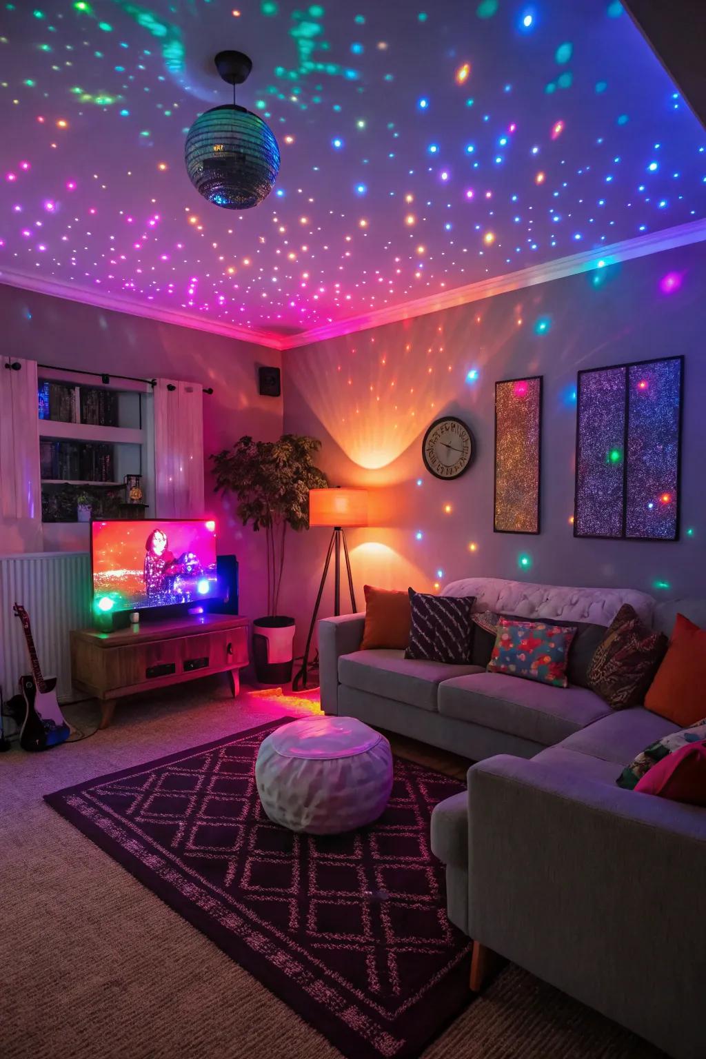 Vivid spectrum illumination revamps the lounge into an electrifying disco dance floor.