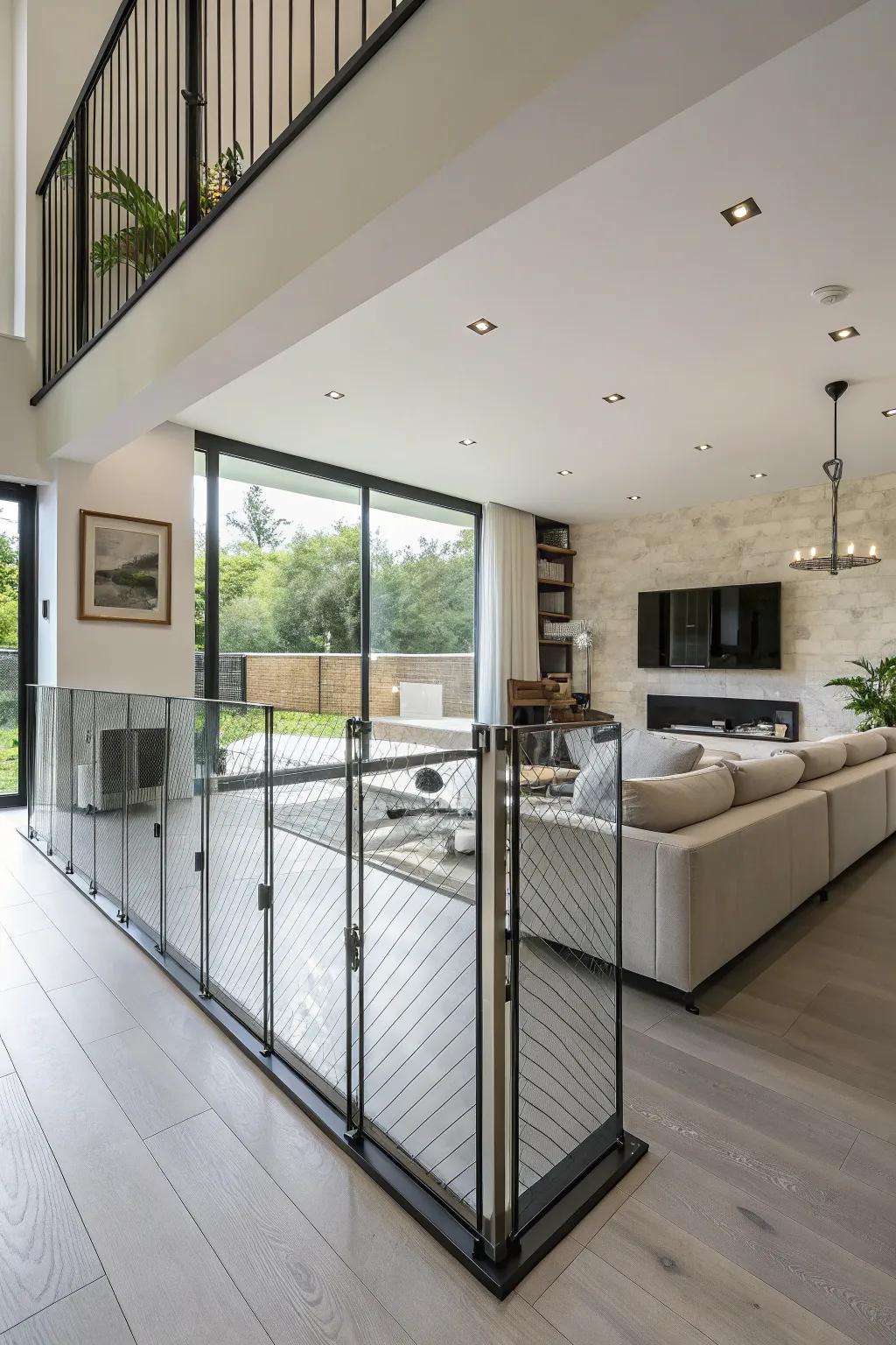 A see-through dog barrier that keeps the room’s expansive and modern vibe unaltered.