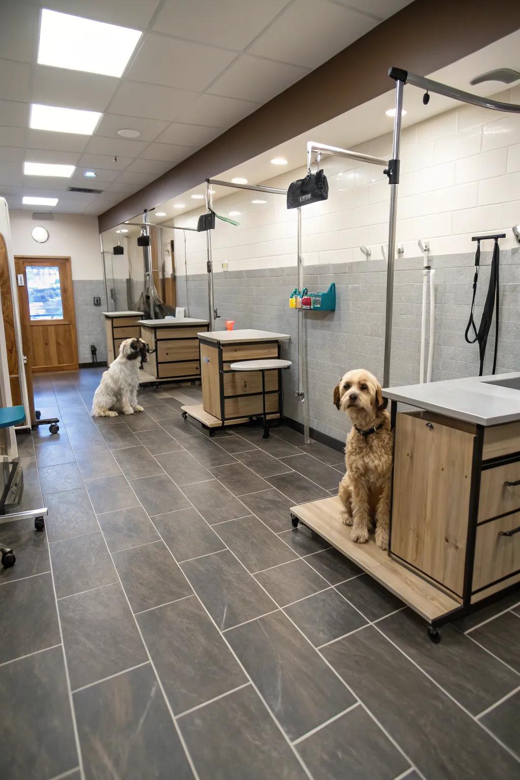 Low-maintenance surfaces in a practical grooming salon.
