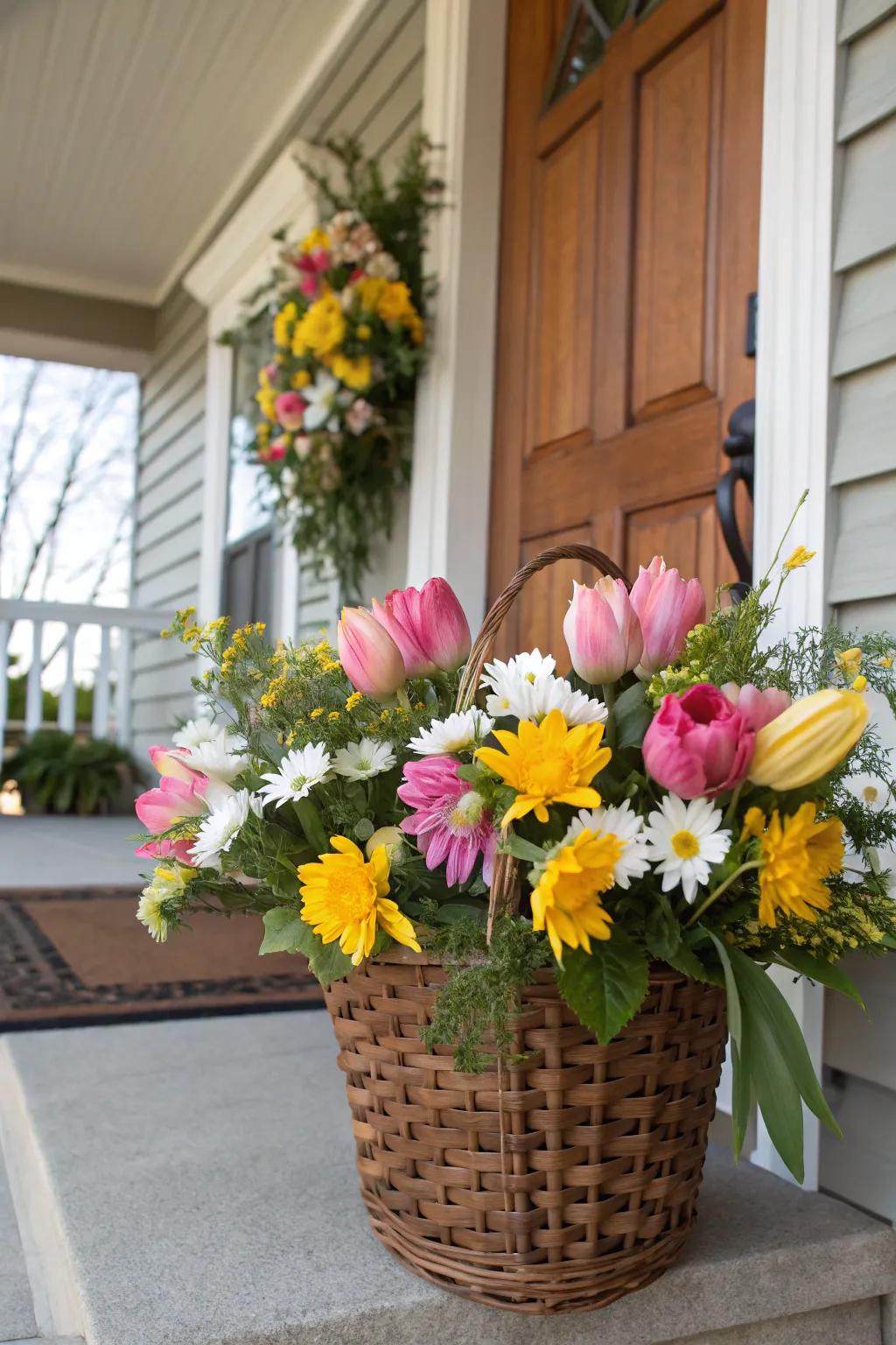 Illuminate your entrance with seasonal flower settings.