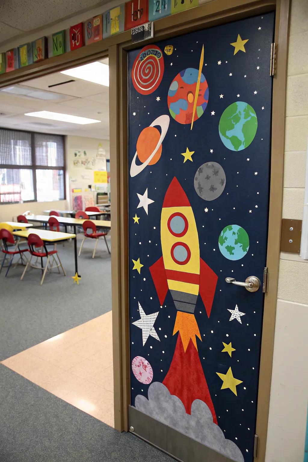 A space-themed door beckoning students to delve into the universe.