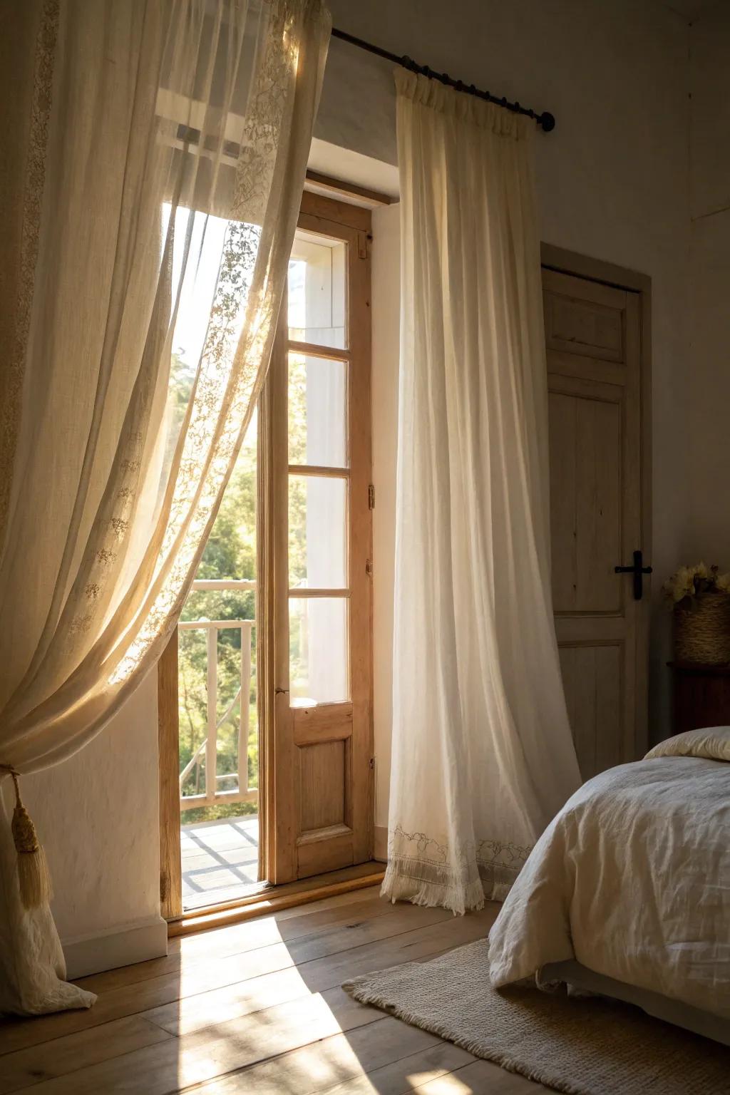 Translucent linen sheers fashion a serene sleeping quarter atmosphere.