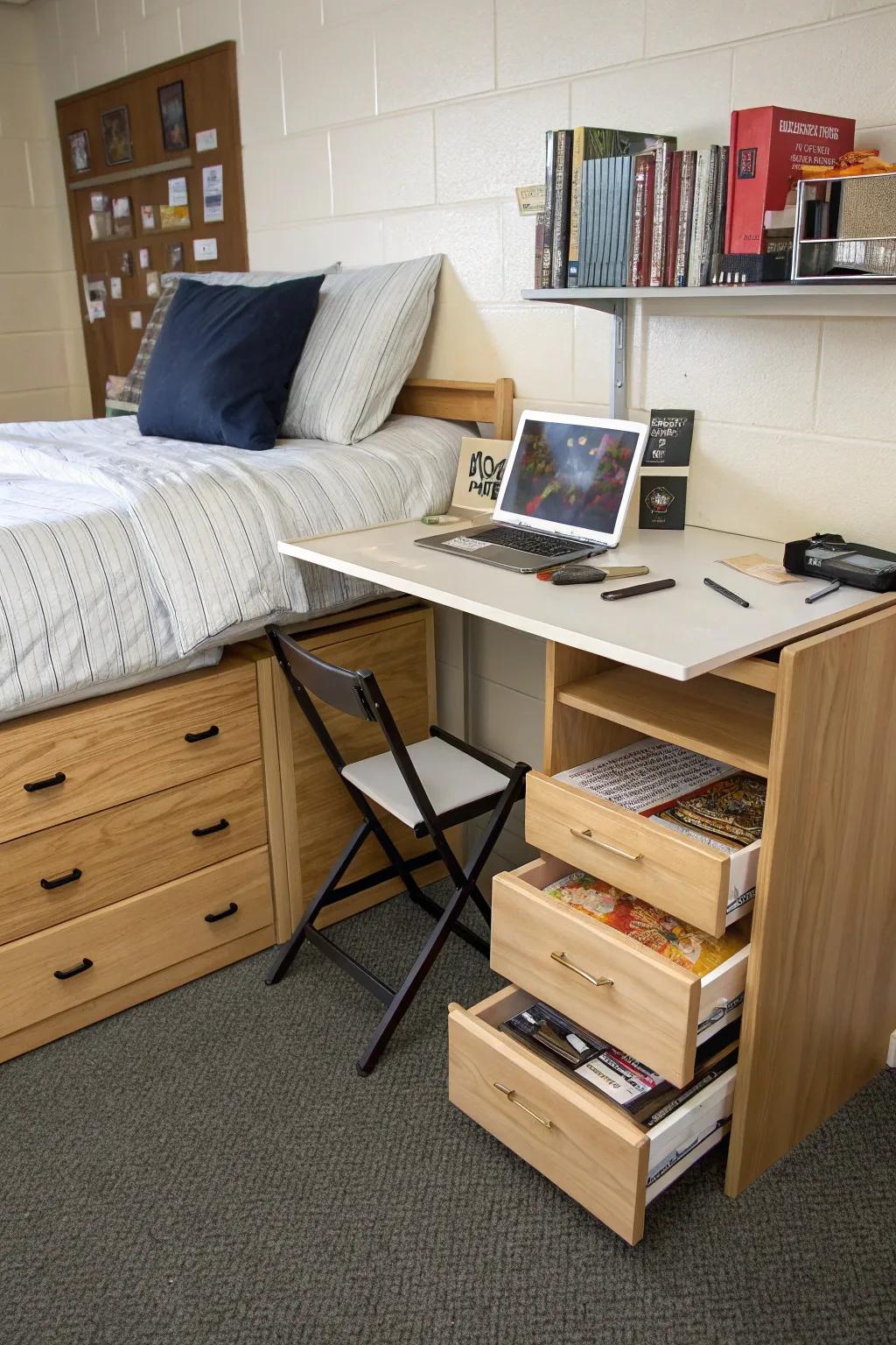 Furniture with multiple uses is essential for an intelligent dorm layout.