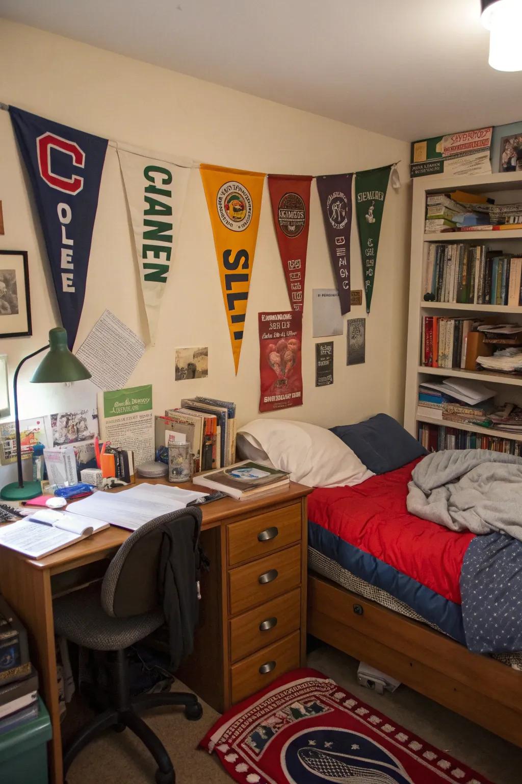A dorm room adorned with collegiate banners, creating an atmosphere of school spirit.