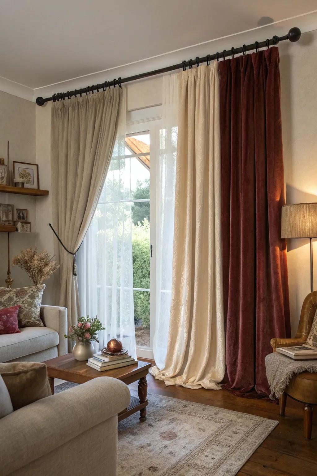 Velvet meets linen, creating a deeply textured and inviting space.